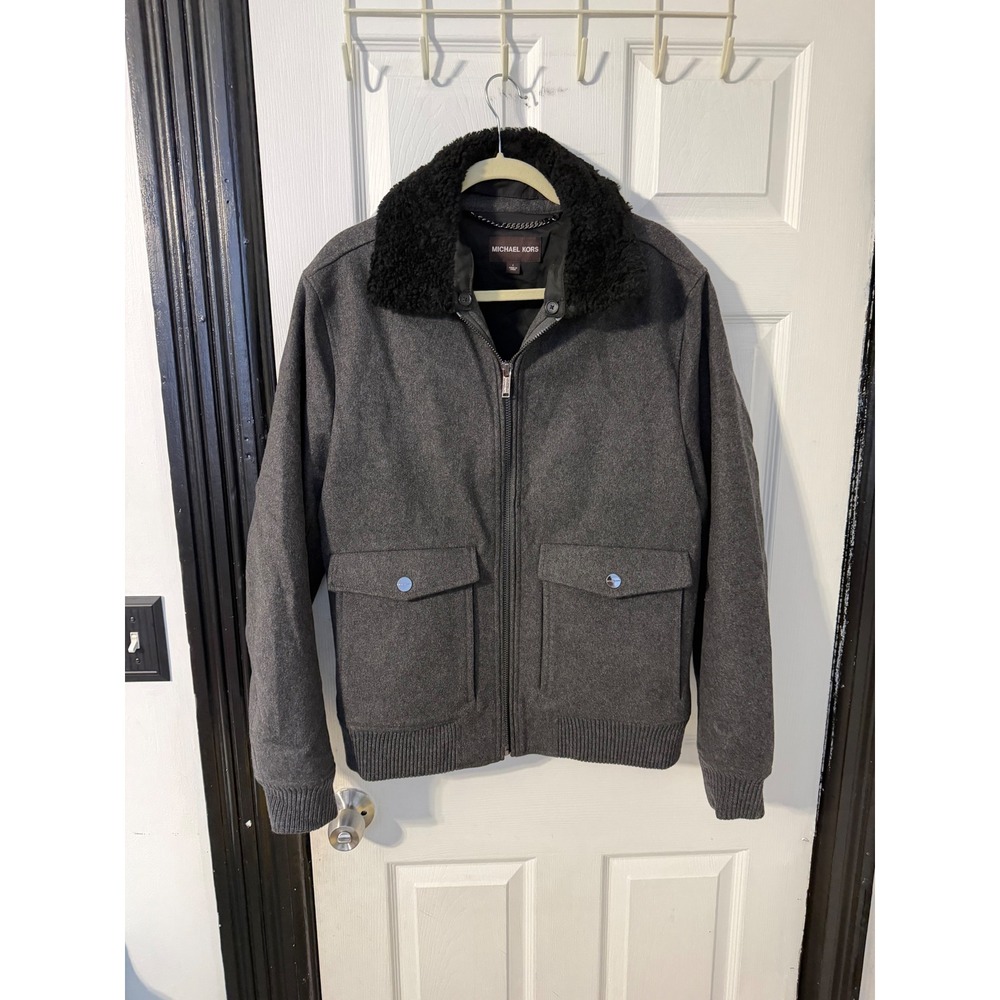 Michael Kors Mens Wool Blend Bomber Jacket Grey Real Lamb Fur Collar Size L